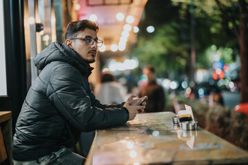 A pensive man in a jacket sits at an outdoor table holding a smart phone, with evening city lights and street activity providing a modern urban ambiance in the background.