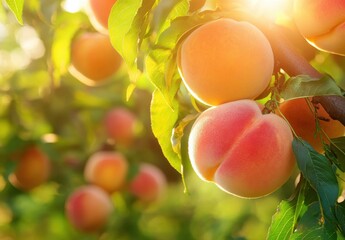 Close-Up View of Juicy Ripe Peaches Hanging from Lush Green Branches Illuminated by Warm Sunlight in an Orchard Setting