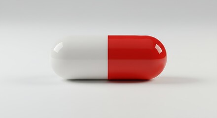A close-up shot of a single red and white capsule pill on a minimalistic white backdrop