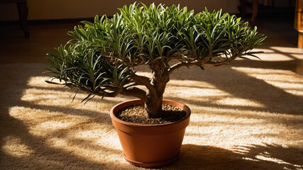 Obraz premium Dragon tree growing in terracotta pot placed on soft carpet in sunlight