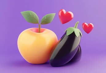 Obraz premium Colorful 3D Render of an Apple and Eggplant with Hearts on a Purple Background, Perfect for Healthy Lifestyle or Food-Related Themes