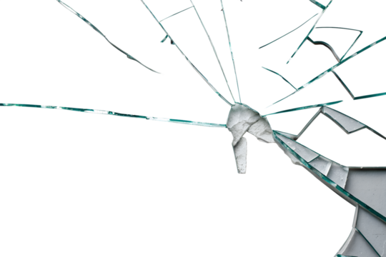 A highly detailed, realistic broken glass with sharp, jagged edges and transparent shards scattered around. The cracks form intricate patterns, making it ideal for destruction, danger, and dramatic ef