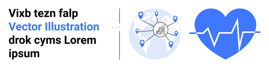 Globe with logistics network links and heart symbol with pulse line. Ideal for healthcare, technology, logistics, global trade, wellness, innovation strategies, and a simple landing page