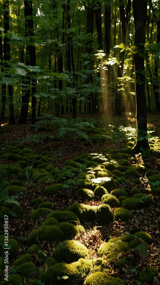 Poster sunlight filters through lush green trees in a serene forest, captured from a low angle, creating a 