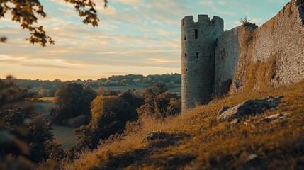 A serene landscape featuring an ancient castle tower amidst rolling hills. The golden hour casts a warm glow over the historic architecture and lush greenery. Generative AI