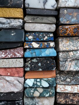 Colorful Stone Slab Stacked Artistically with Unique Textures and Patterns for Interior Design and Decoration