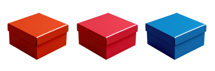 set of red, pink and blue color cube package box isolated on transparent background, generative ai