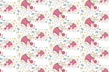 Seamless pattern of a sleeping fox surrounded by decorative floral elements. Cute and cozy design, perfect for fabric, wallpaper, and nature-themed crafts.