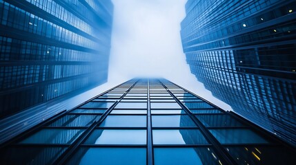 Low angle view of modern skyscrapers, glass facades, urban city, towering buildings,