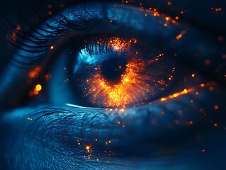 A human eye with glowing particles creating an interesting visual effect