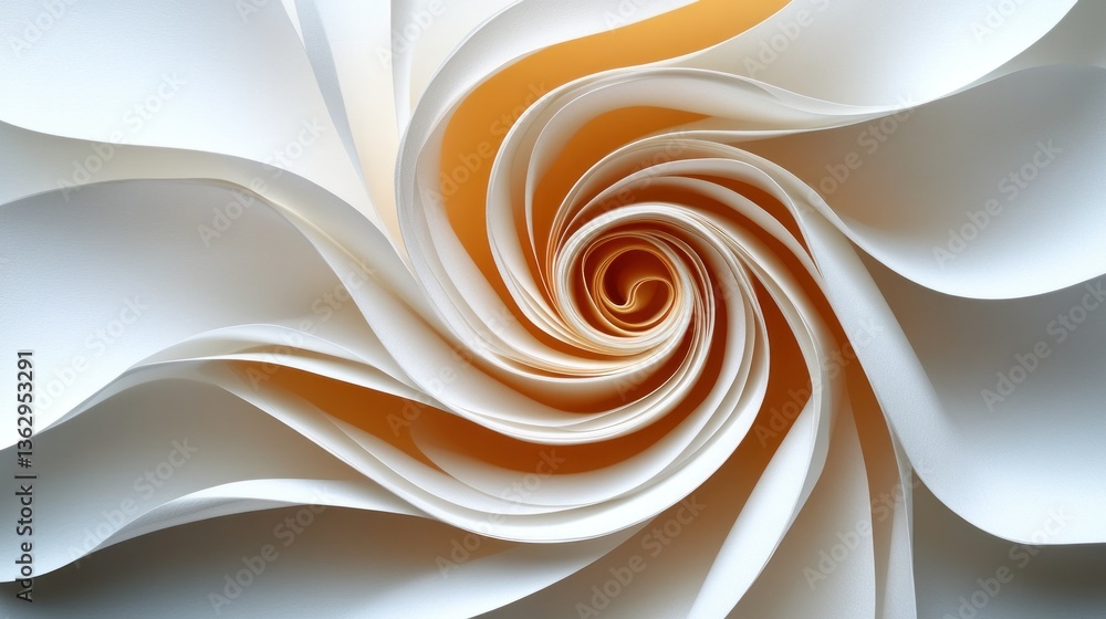 Poster abstract spiral of white and orange paper: a mesmerizing swirl of folded paper creating a hypnotic v