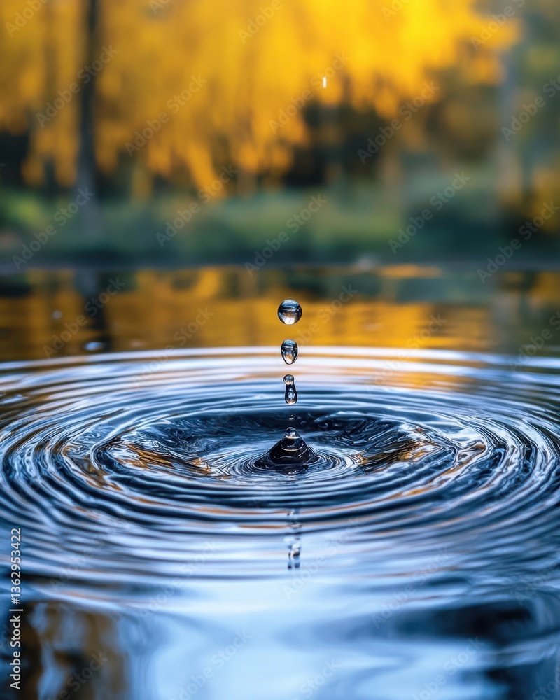 Aufkleber serene water drop impact creating concentric ripples on a tranquil lake with vibrant autumn foliage 