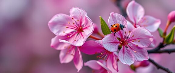 Fototapeta premium Delicate pink blossoms with a ladybug perched on a petal, close-up, cute