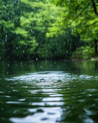 Fototapeta premium Serene lake reflecting lush green forest in heavy rain creating ripples and drops in a tranquil scene