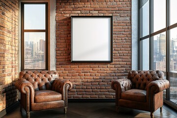 Stylish Interior with Brick Wall, Brown Leather Armchairs, Window, Modern Design