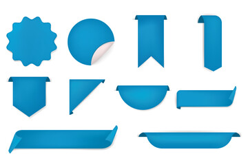 Collection of blue ribbon labels with folded paper effect, perfect for banners, badges, and stickers.