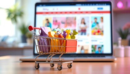 photo of a small shopping cart containing colorful goodie bags with sharp details in front of a blurred laptop screen displaying an ecommerce website. Ai generated image