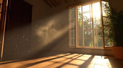 Tiny dust particles floating in sunlight creating a soft glow in the room.