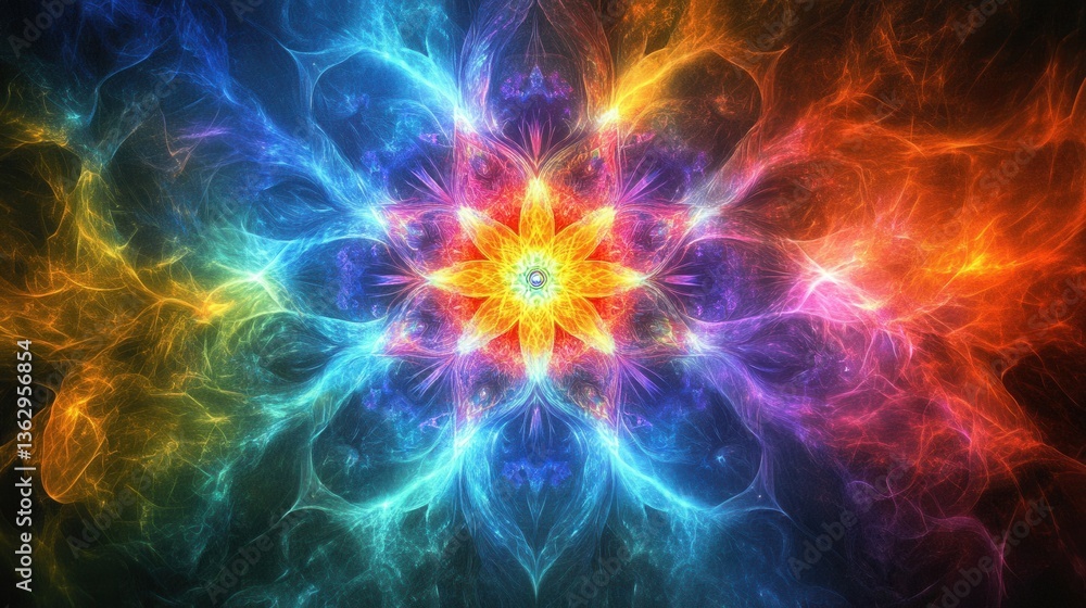 Poster vivid fractal kaleidoscope design with radiant colors and intricate patterns radiating from central 