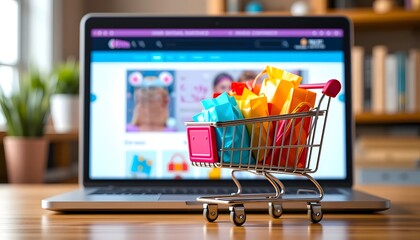 laptop and shopping cart. Ai generated image