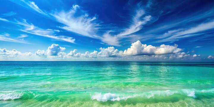 Serene ocean waves gently rolling towards the shore under a vibrant blue sky adorned with fluffy white clouds