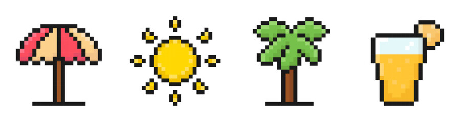 summer pixel set of icons, vintage, 8 bit, 80s, 90s games, computer arcade game items, beach umbrella, sun, palm tree, juice glass, vector illustration