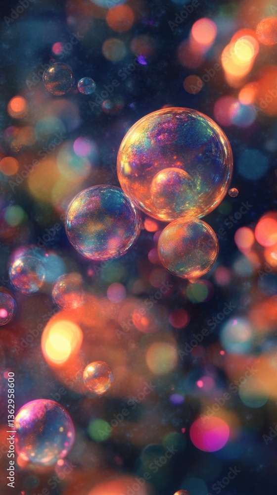 Poster abstract spheres of light floating in a dreamy space with vibrant colors and bokeh effects creating 