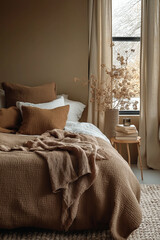 Bedroom in mocha mousse tone colors, the room comforting warmth of the Pantone Color of the Year 2025, Interior design.