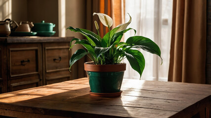 Peace lily in a green terracotta pot sitting on a wooden table, receiving warm sunlight from a nearby window