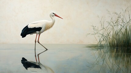 White Stork Walking, Calm Water, Beige Background