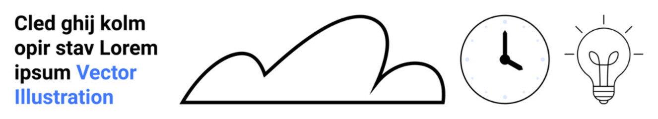 Simplistic cloud, analog clock, and lightbulb elements with placeholder text. Ideal for concepts thumbs up time management, innovation, creativity, brainstorming, technology, progress and a simple