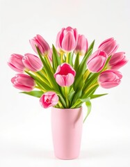 Fototapeta premium Pink tulips in a pink vase against a bright white background, photography, simple, vibrant