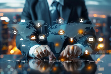 This image features a businessman interacting with digital world map, network, and icons representing business and finance