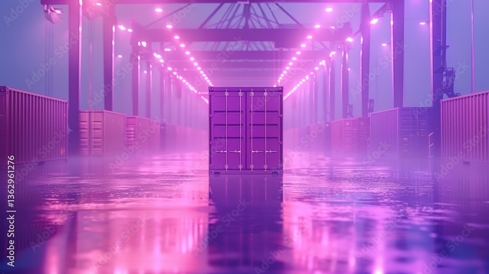 Poster purple shipping container standing alone in futuristic automated warehouse with neon pink lighting r