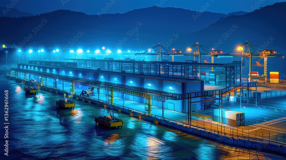 Poster ai-powered robotic container terminal at futuristic shipping port illuminated by blue lighting featu
