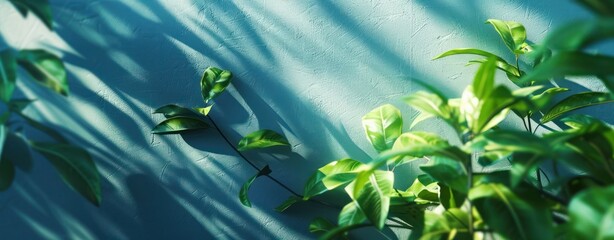 Room interior blue wall tropical tree garden leaf leaves modern minimalist condo apartment decoration corner minimal sunlight shadow structure residential.