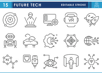 A set of line icons related to Future Technology. Tech, future, robot, AI, Virtual reality, hologram, flying car, and so on. Vector editable stroke.