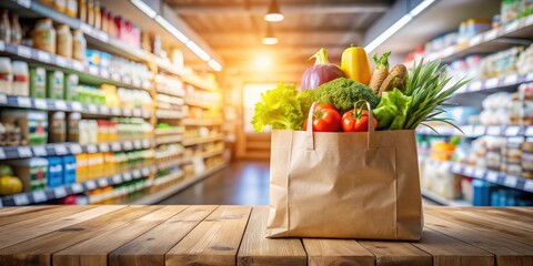 A paper bag filled with fresh produce sits on a wooden table in a grocery store aisle.