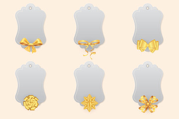 Set of elegant gift tags decorated with golden bows and ribbons. Perfect for gifts and special events.