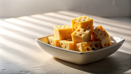 Illuminated Cubes of Dairy Product in a Simple Bowl