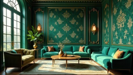 Luxurious Emerald Green Living Room Interior Design with Gilded Accents and Velvet Upholstery