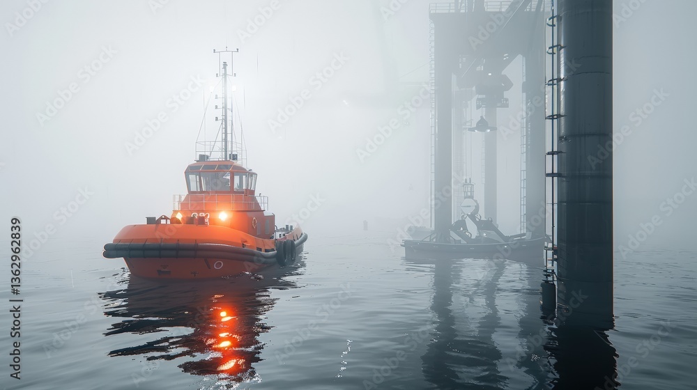 Poster futuristic fog-covered seaport with ai-controlled cargo handling systems autonomous shipping vessels