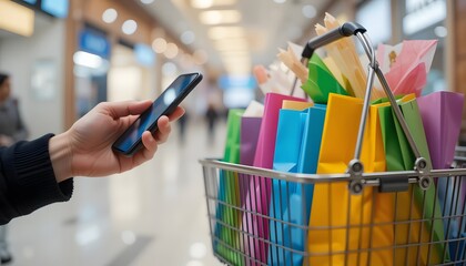 hand with shopping cart and smartphone. Ai generated image