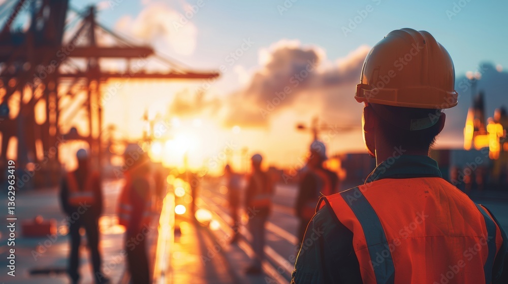 Poster port workers guiding cargo operations in a bustling shipping yard. wearing safety helmets and vests 