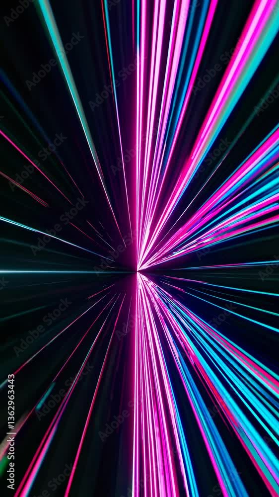 Aufkleber dynamic video concept with neon light trails converging at a central point, captured from a frontal 