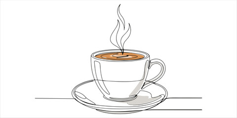 A vector illustration of a coffee cup on a saucer, depicted in a minimalist continuous line drawing style.
