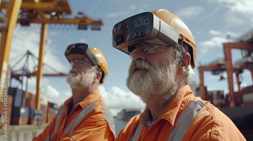 Poster workers at busy shipping port using augmented reality glasses monitor cargo movements in real-time a