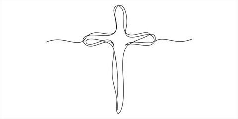 A vector illustration featuring a Christian cross icon, designed as an abstract round logo, along with a set of black church symbols.