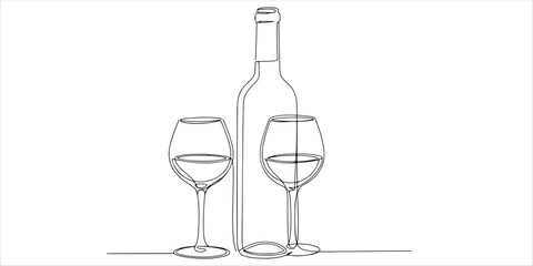 A vector illustration of a wine bottle and glass, drawn using a single continuous line for a sleek and minimalist design.