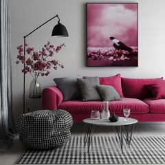 A chic living room featuring pink decor and stylish furniture, perfect for a contemporary home atmosphere.